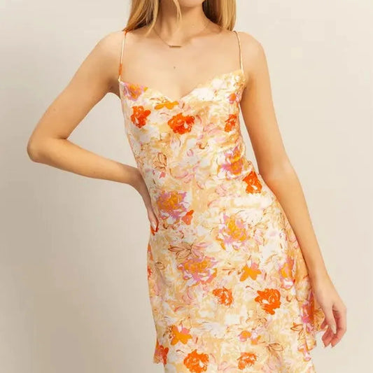 Chic Satin Mini Dress with Floral Print & Cowl Neck — square view — Livostyle