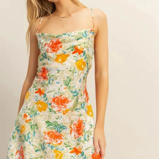 Chic Satin Mini Dress with Floral Print and Cowl Neck — square view — Livostyle