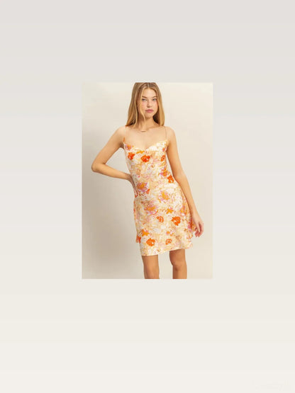 Chic Satin Mini Dress with Floral Print & Cowl Neck — styled showcase — Livostyle