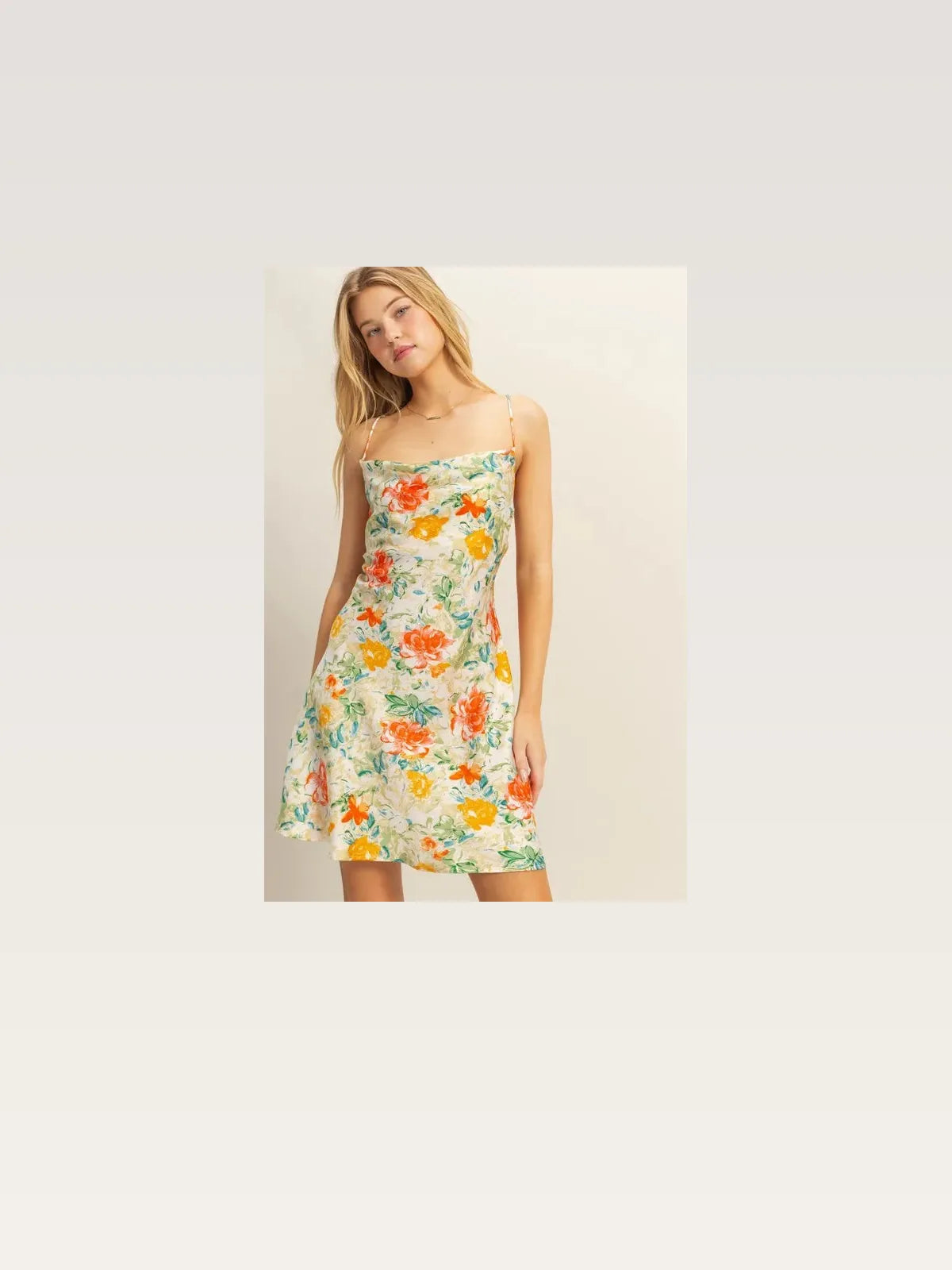 Chic Satin Mini Dress with Floral Print and Cowl Neck — styled showcase — Livostyle