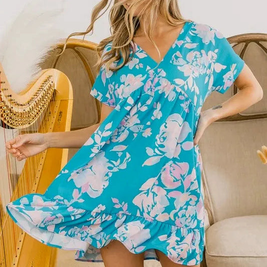 Whimsical Floral V-Neck Dress with Ruffle Detail — square view — Livostyle