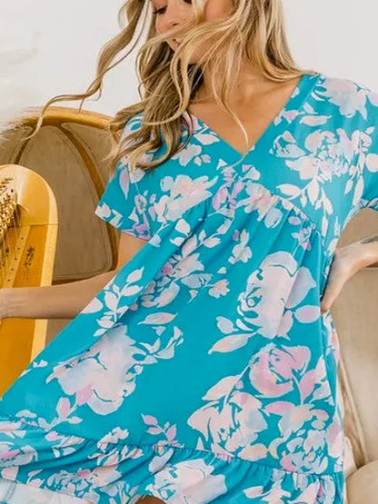 Whimsical Floral V-Neck Dress with Ruffle Detail — detail view — Livostyle