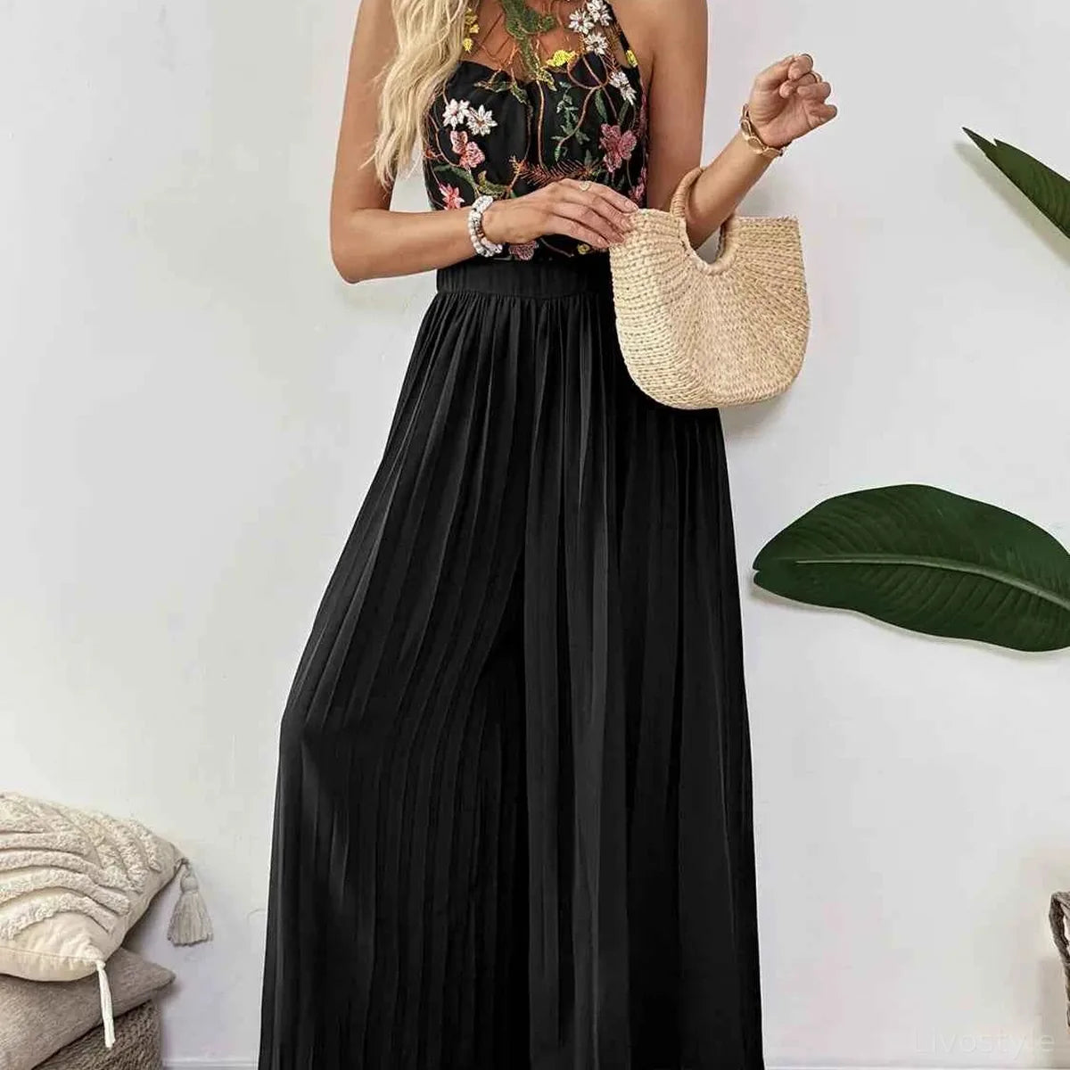 Floral Embroidered Halter Neck Pleated Jumpsuit — square view — Livostyle