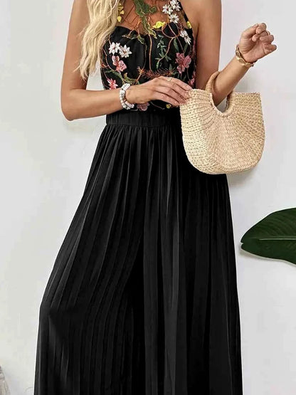 Floral Embroidered Halter Neck Pleated Jumpsuit — detail view — Livostyle