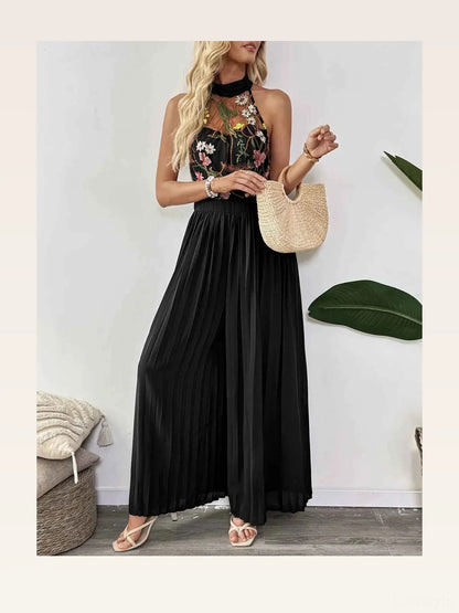 Floral Embroidered Halter Neck Pleated Jumpsuit — styled showcase — Livostyle