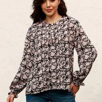 Elegant Floral Round Neck Blouse with Flounce Sleeves — square view — Livostyle