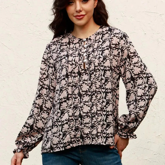 Elegant Floral Round Neck Blouse with Flounce Sleeves — square view — Livostyle