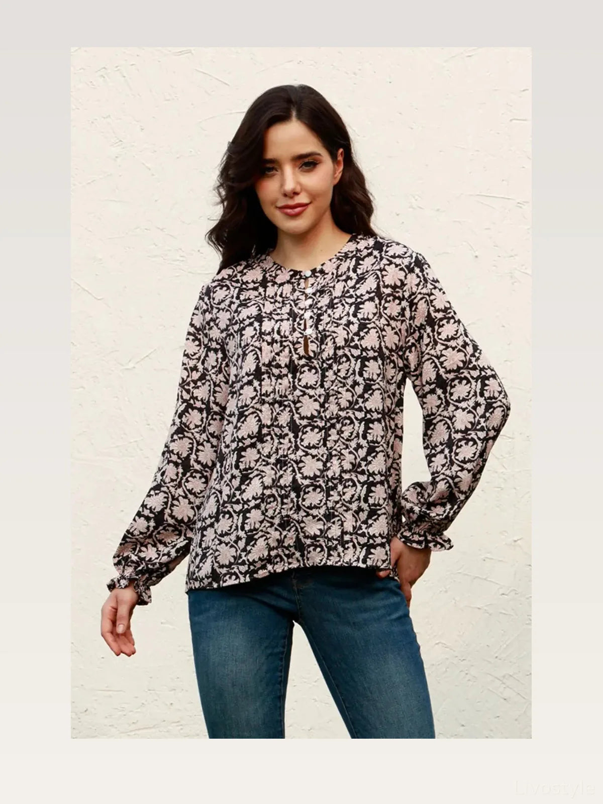 Elegant Floral Round Neck Blouse with Flounce Sleeves — styled showcase — Livostyle