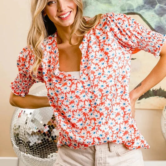 Chic V-Neck Top with Floral Jacquard and Puff Sleeves — square view — Livostyle
