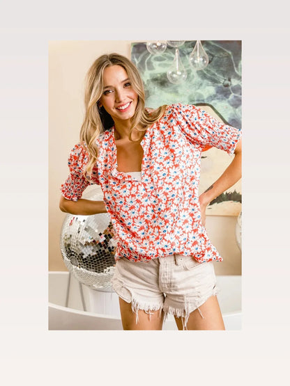 Chic V-Neck Top with Floral Jacquard and Puff Sleeves — styled showcase — Livostyle