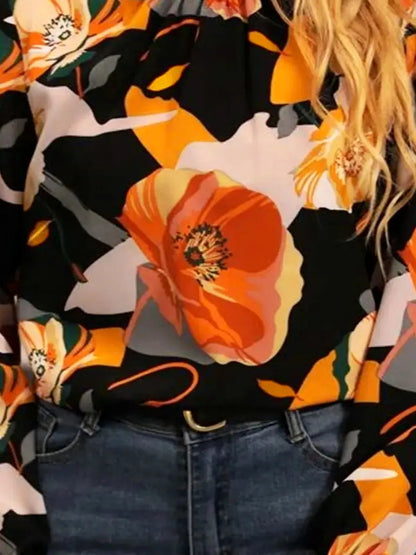 Elegant Floral Mock Neck Blouse with Flounce Sleeves — detail view — Livostyle