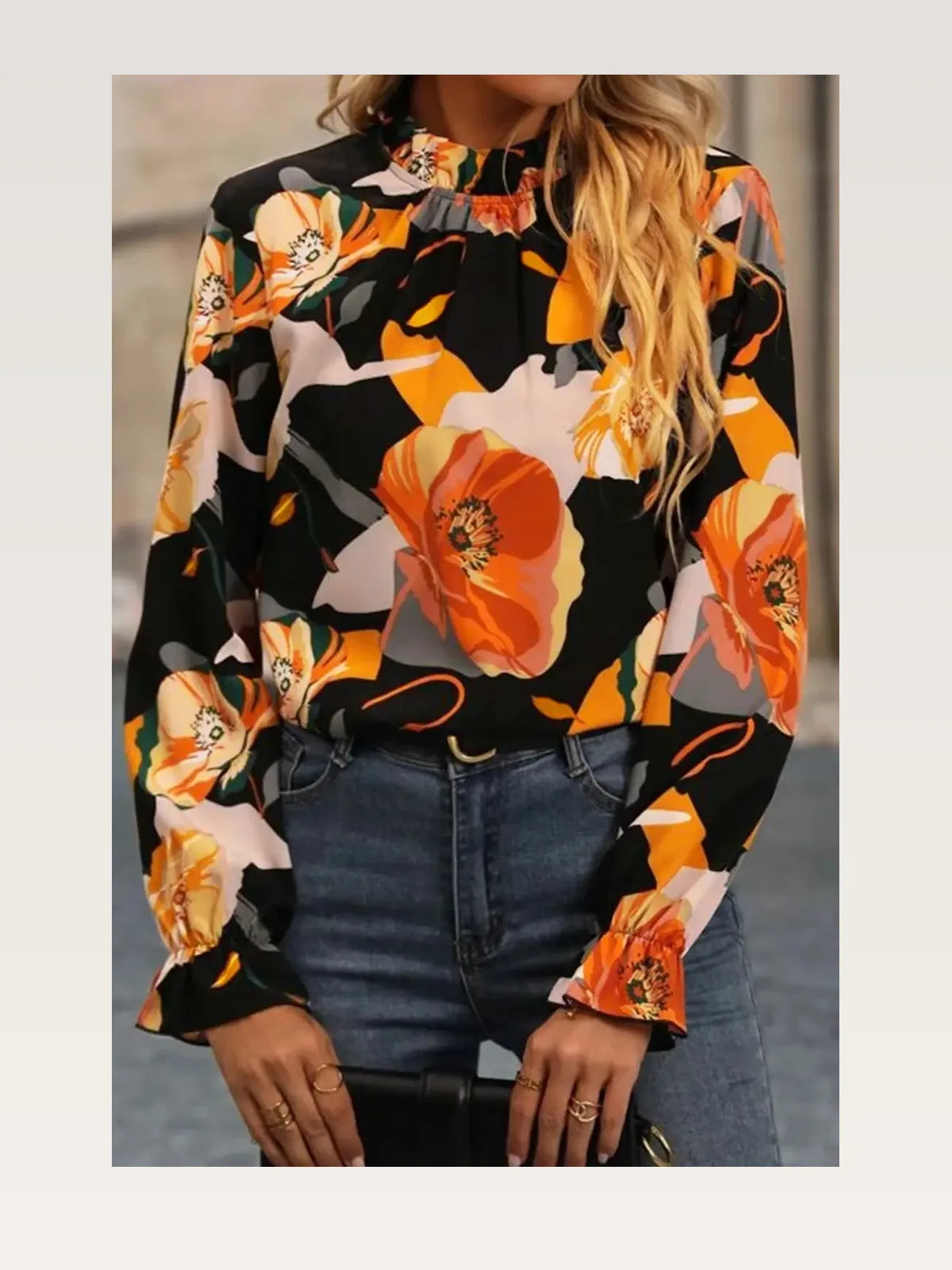 Elegant Floral Mock Neck Blouse with Flounce Sleeves — styled showcase — Livostyle
