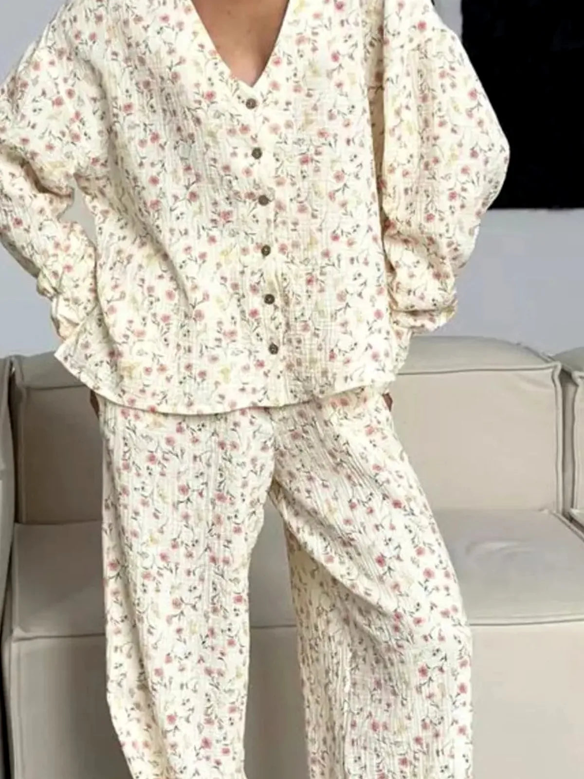 Floral Print Button-Down Top and Pants Lounge Set — detail view — Livostyle