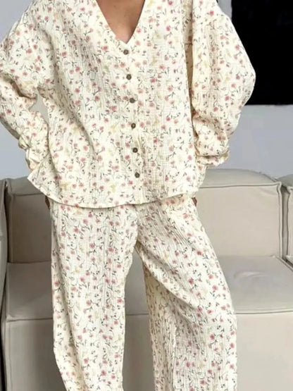 Floral Print Button-Down Top and Pants Lounge Set — detail view — Livostyle