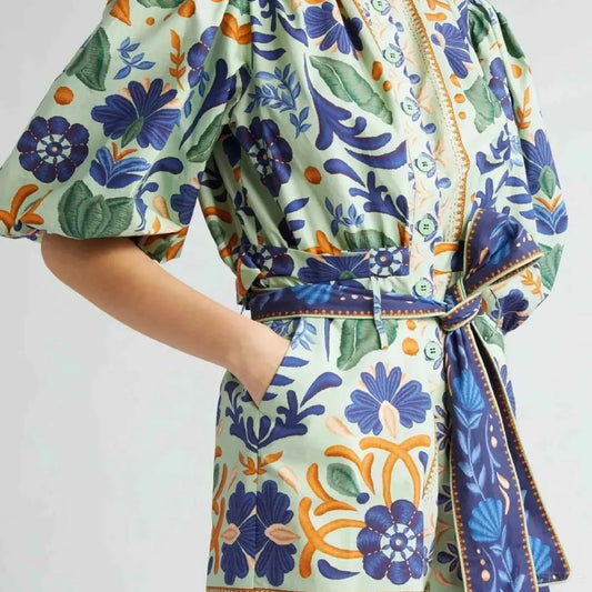 Floral Print Button Front Belted Romper — square view — Livostyle