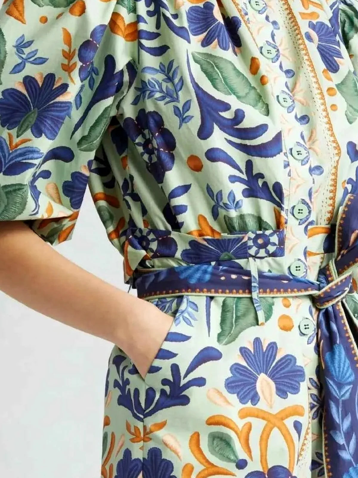 Floral Print Button Front Belted Romper — detail view — Livostyle