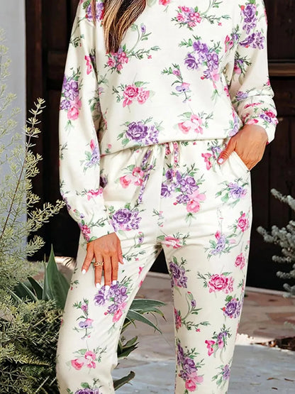 Floral Print Round Neck Top and Drawstring Pants Lounge Set — detail view — Livostyle
