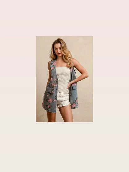 Stylish Floral Print Long Denim Vest — styled showcase — Livostyle