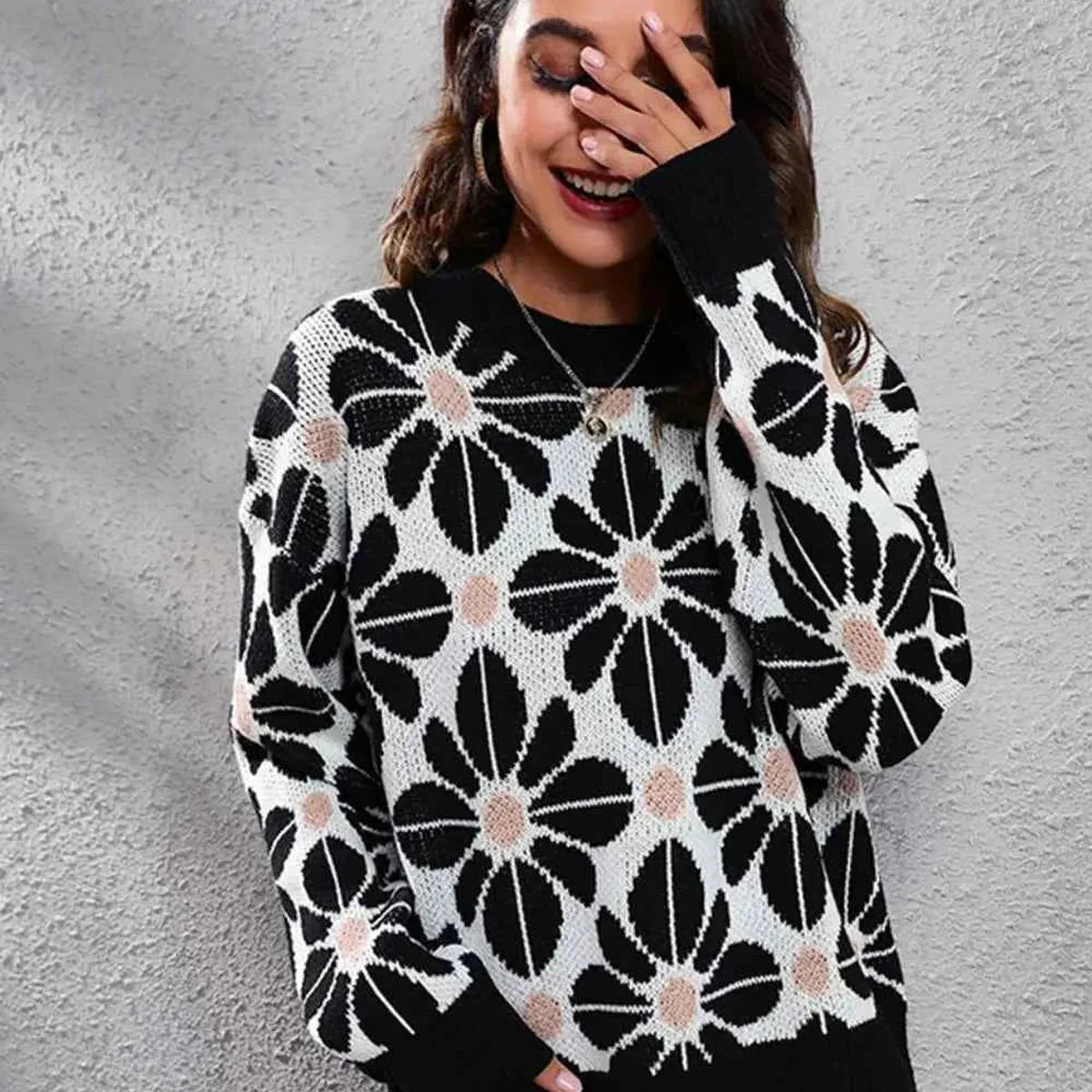 Floral Round Neck Long Sleeve Sweater — square view — Livostyle