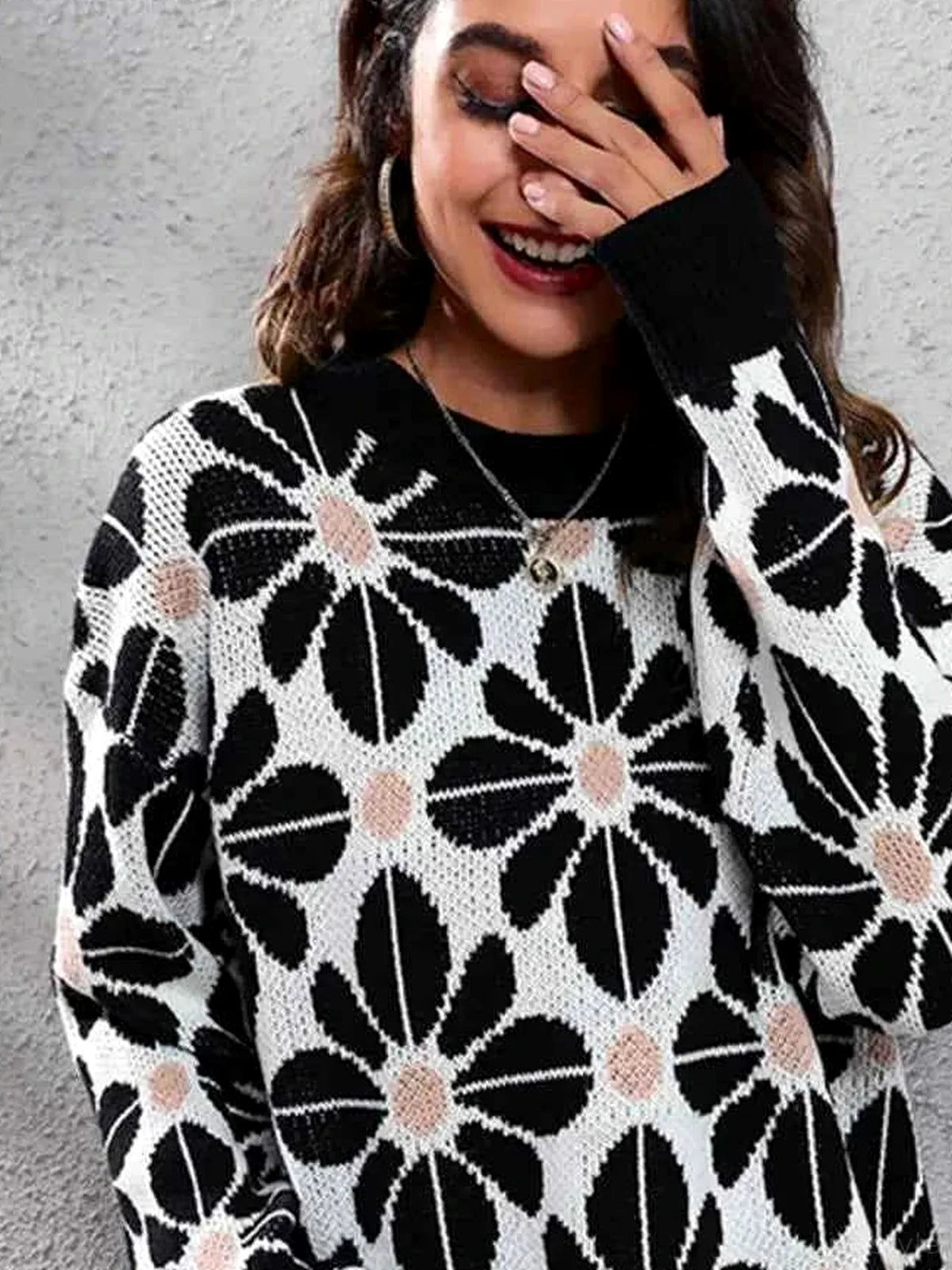 Floral Round Neck Long Sleeve Sweater — detail view — Livostyle