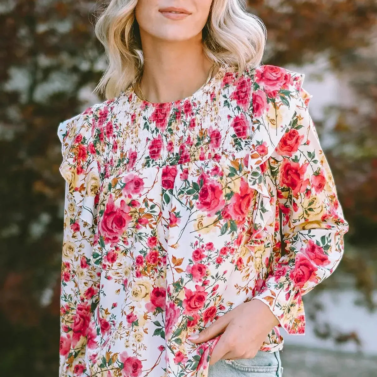 Chic Floral Print Smocked Blouse with Round Neckline — square view — Livostyle