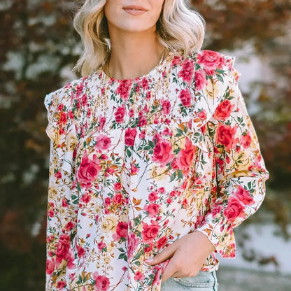 Chic Floral Print Smocked Blouse with Round Neckline — square view — Livostyle