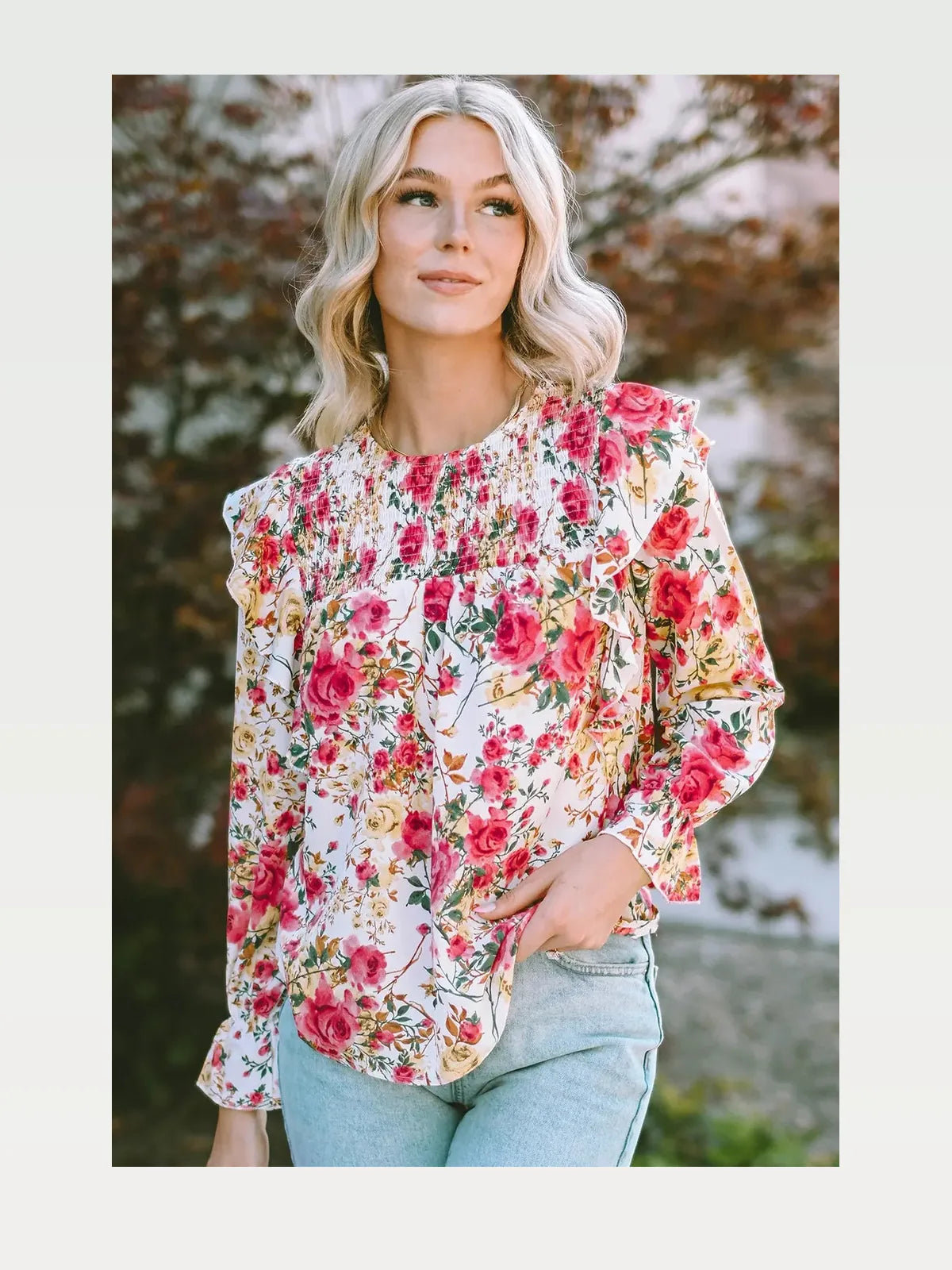 Chic Floral Print Smocked Blouse with Round Neckline — styled showcase — Livostyle