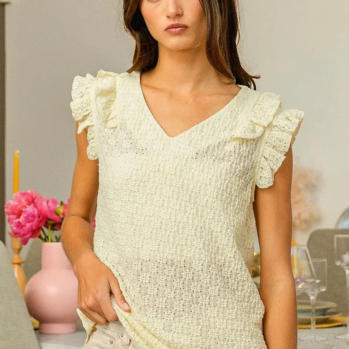 Elegant Floral V-Neck Top with Ruffled Armholes — square view — Livostyle