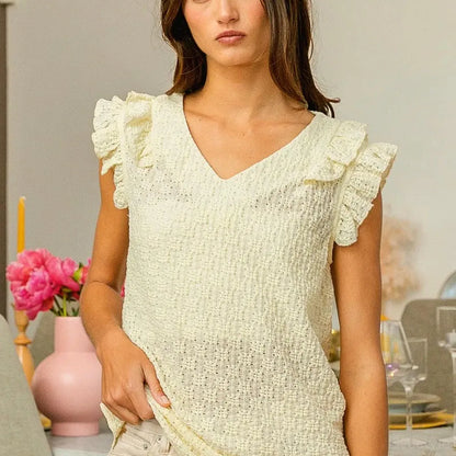 Elegant Floral V-Neck Top with Ruffled Armholes — square view — Livostyle
