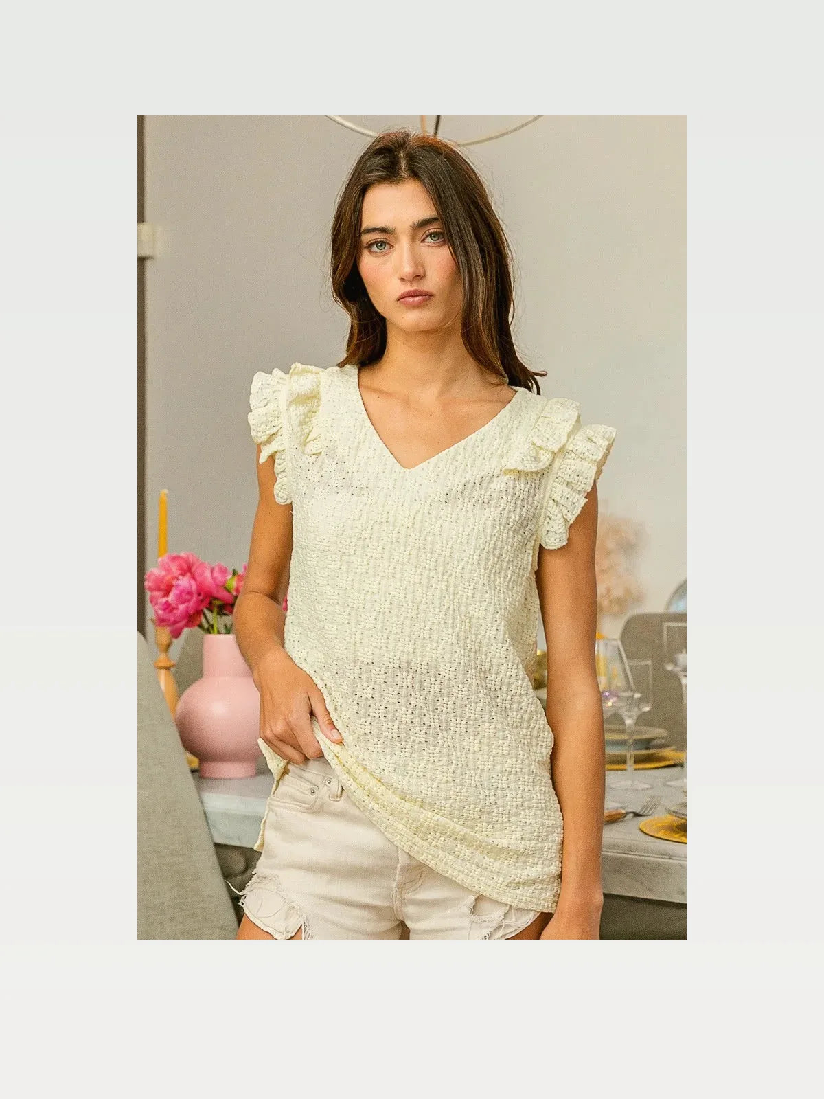 Elegant Floral V-Neck Top with Ruffled Armholes — styled showcase — Livostyle