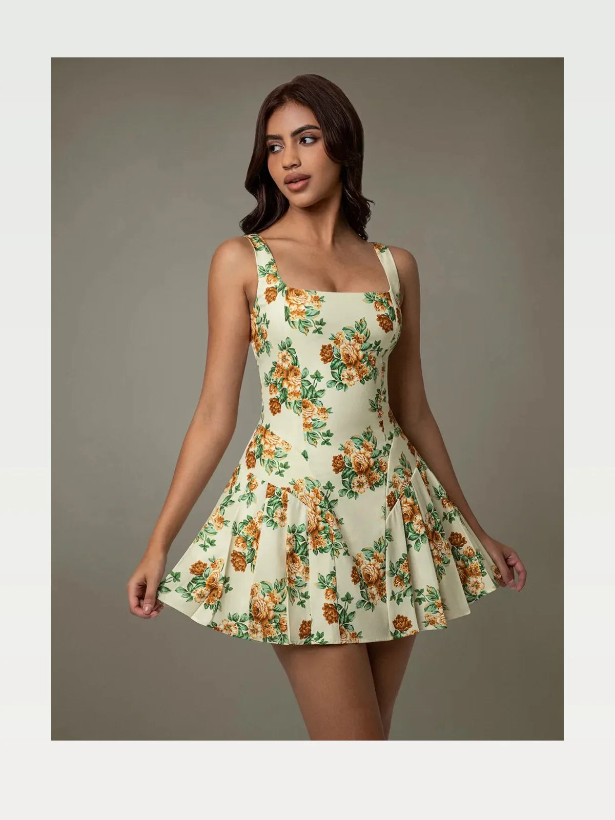 Elegant Floral Print Pleated Mini Dress with Stretch — styled showcase — Livostyle