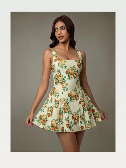 Elegant Floral Print Pleated Mini Dress with Stretch — styled showcase — Livostyle