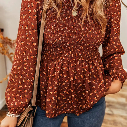 Elegant Floral Long Sleeve Blouse with Smocked Ruffled Hem — square view — Livostyle