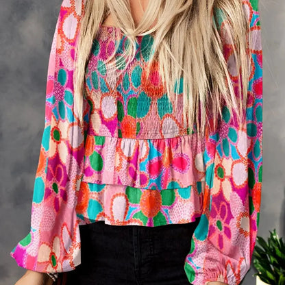 Elegant Floral Balloon Sleeve Blouse with Smocked Ruffles — square view — Livostyle