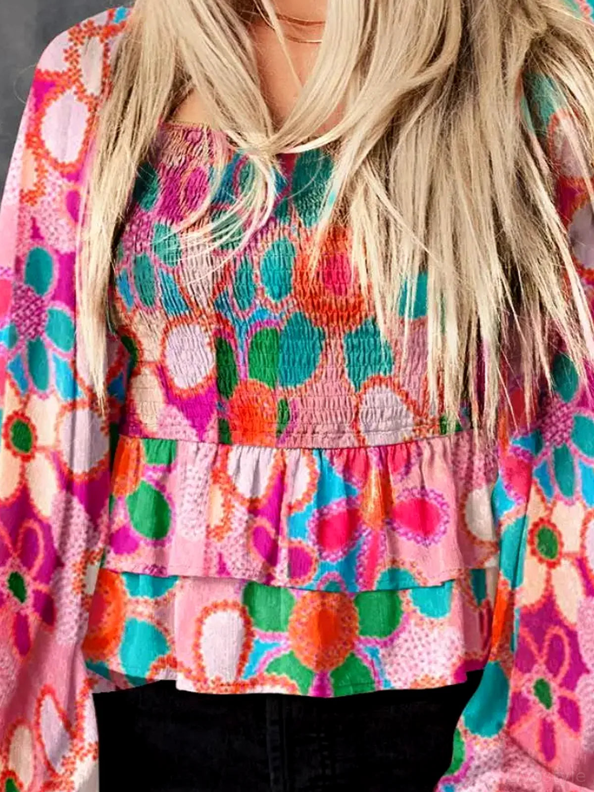 Elegant Floral Balloon Sleeve Blouse with Smocked Ruffles — detail view — Livostyle