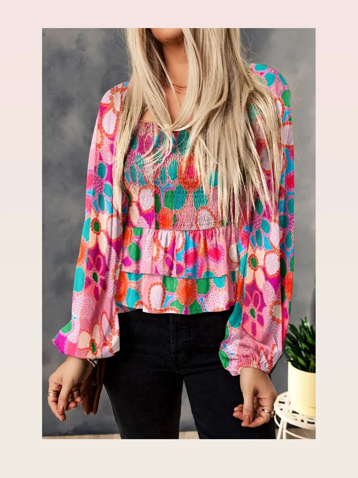 Elegant Floral Balloon Sleeve Blouse with Smocked Ruffles — styled showcase — Livostyle