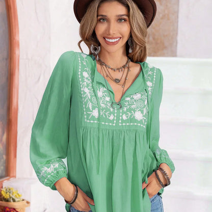 Elegant Floral Blouse with Tie Neck & Balloon Sleeves — square view — Livostyle
