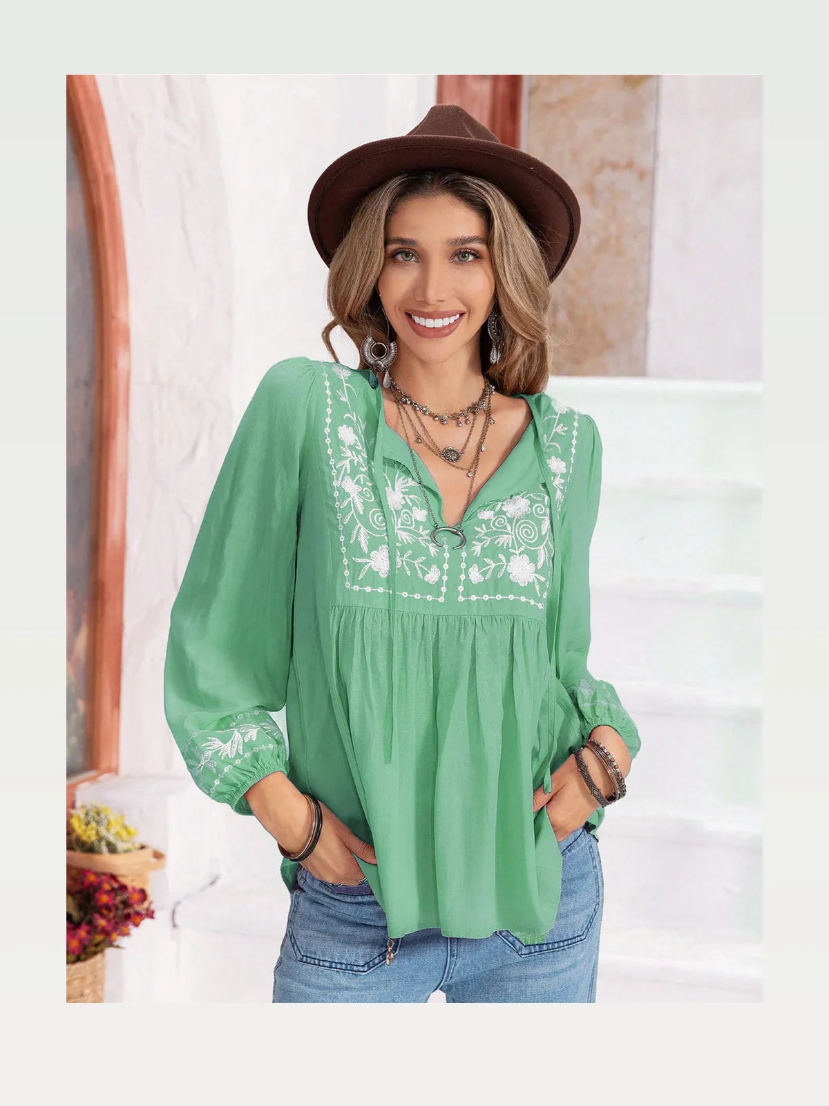 Elegant Floral Blouse with Tie Neck & Balloon Sleeves — styled showcase — Livostyle