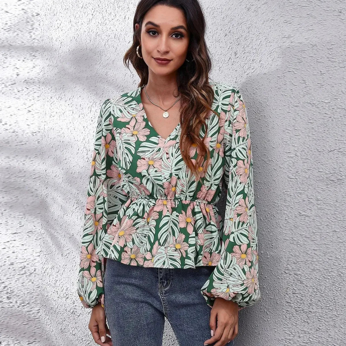Chic Floral Peplum Blouse with Balloon Sleeves & V-Neck — square view — Livostyle