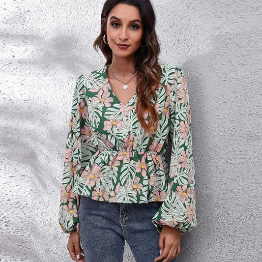 Chic Floral Peplum Blouse with Balloon Sleeves & V-Neck — square view — Livostyle