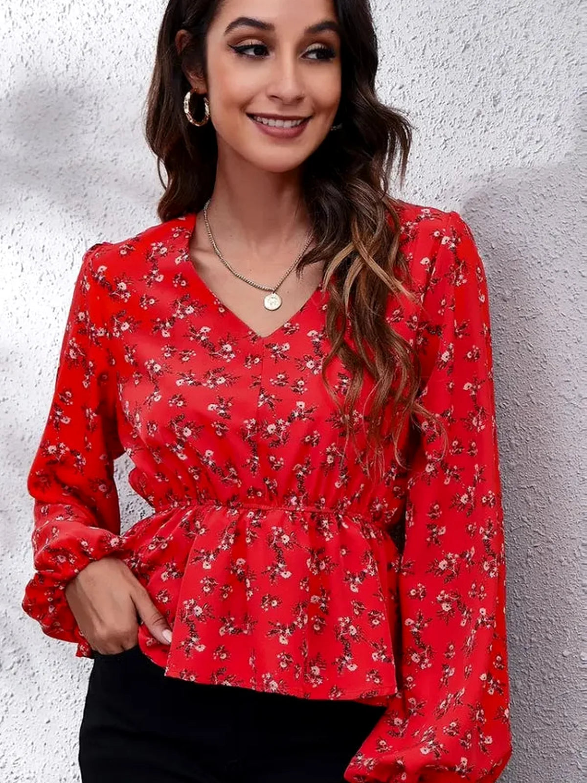 Chic Floral V-Neck Blouse with Balloon Sleeves — detail view — Livostyle