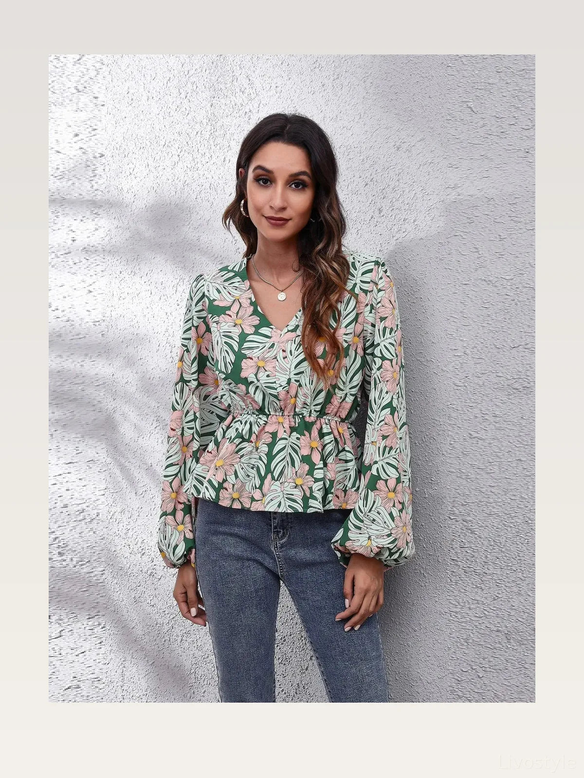 Chic Floral Peplum Blouse with Balloon Sleeves & V-Neck — styled showcase — Livostyle