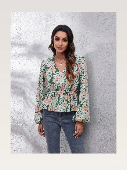 Chic Floral Peplum Blouse with Balloon Sleeves & V-Neck — styled showcase — Livostyle