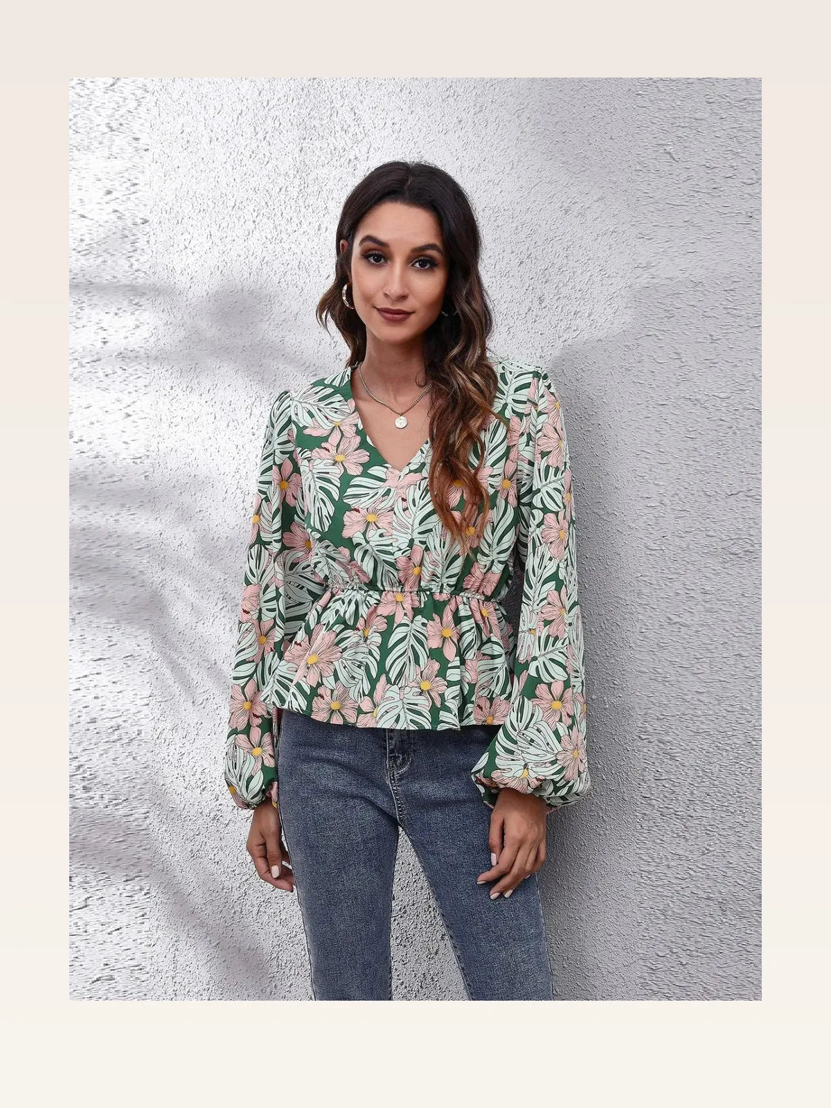 Chic Floral Peplum Blouse with Balloon Sleeves & V-Neck — styled showcase — Livostyle