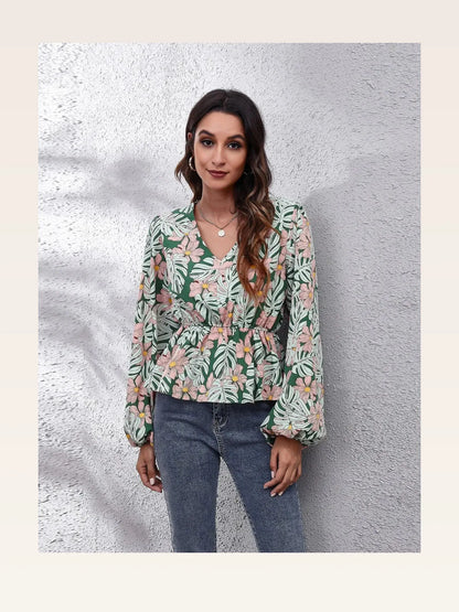 Chic Floral Peplum Blouse with Balloon Sleeves & V-Neck — styled showcase — Livostyle