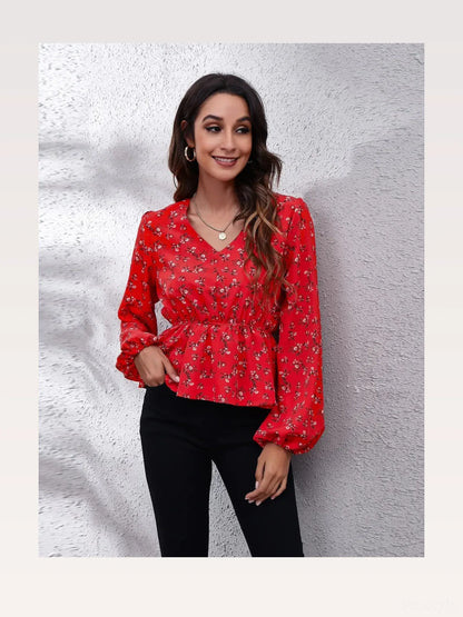 Chic Floral V-Neck Blouse with Balloon Sleeves — styled showcase — Livostyle