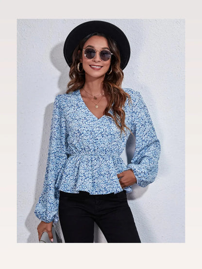 Chic Floral Peplum Blouse with V-Neck and Balloon Sleeves — styled showcase — Livostyle