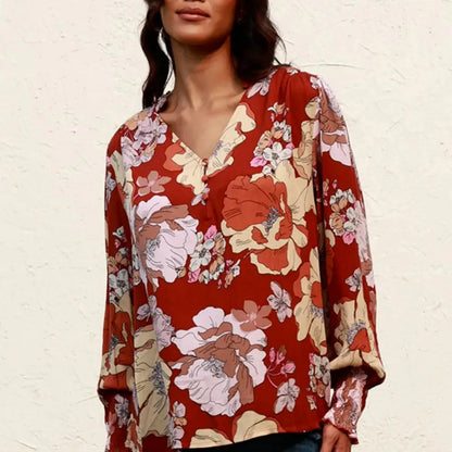 Elegant Floral V-Neck Blouse with Lantern Sleeves — square view — Livostyle