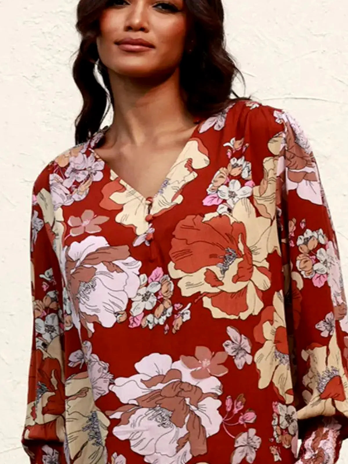 Elegant Floral V-Neck Blouse with Lantern Sleeves — detail view — Livostyle