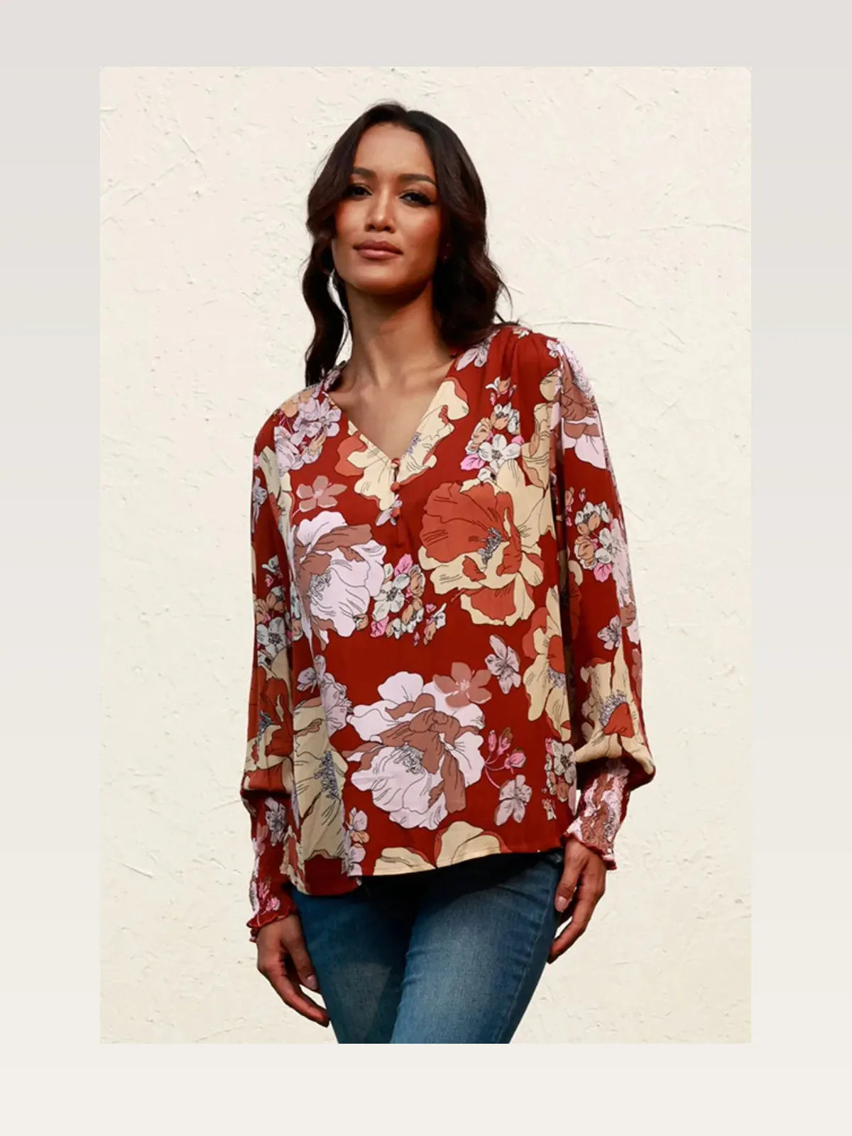 Elegant Floral V-Neck Blouse with Lantern Sleeves — styled showcase — Livostyle